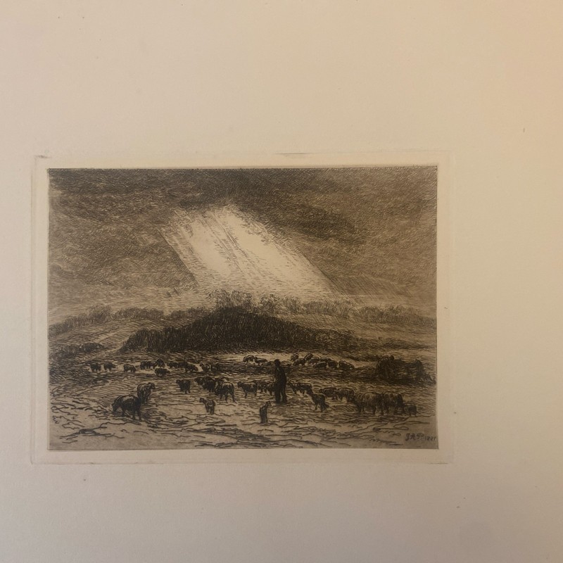 1881 J. A. Poulter “Pastoral” Antique English Etching – Shepherd Scene gallery