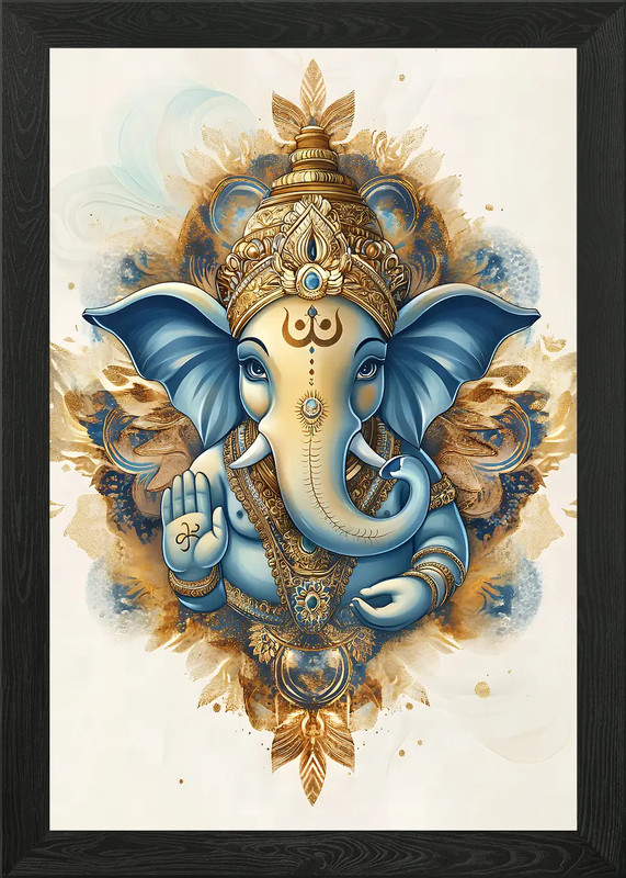 Ganesha Illustration in Blue and Go Framed Wall Art Poster Canvas Print Picture