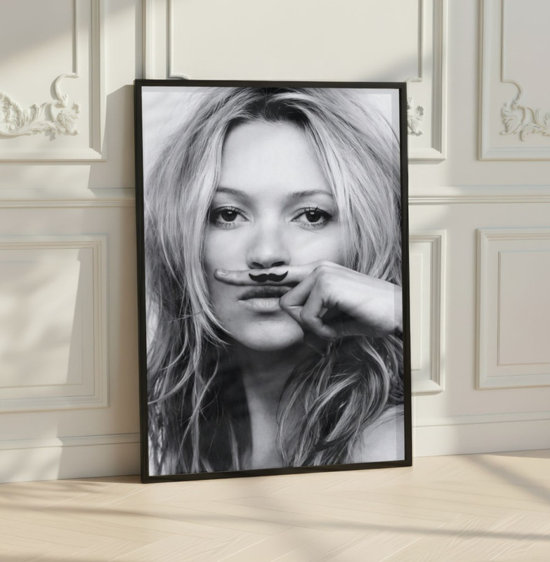 Black & White Fashion Wall Art Print – Kate Moss Portrait – Modern Glam Poster