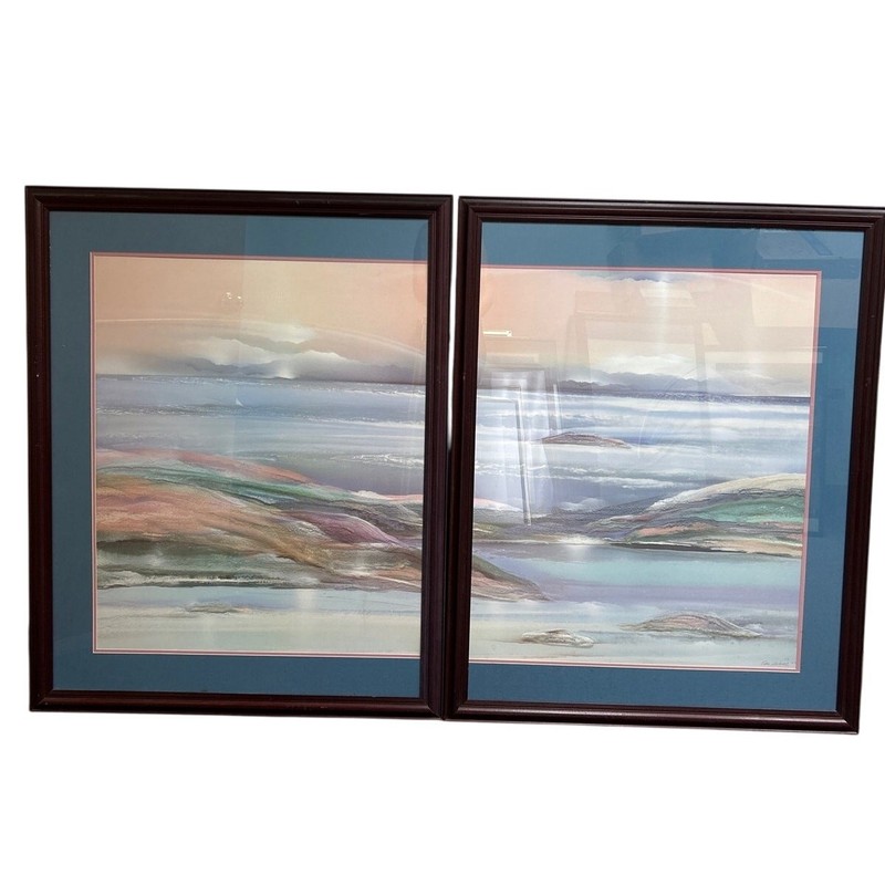2 Vintage 1987 Elba Alvarez Pastel Ocean Waves Landscape Framed Matted Prints