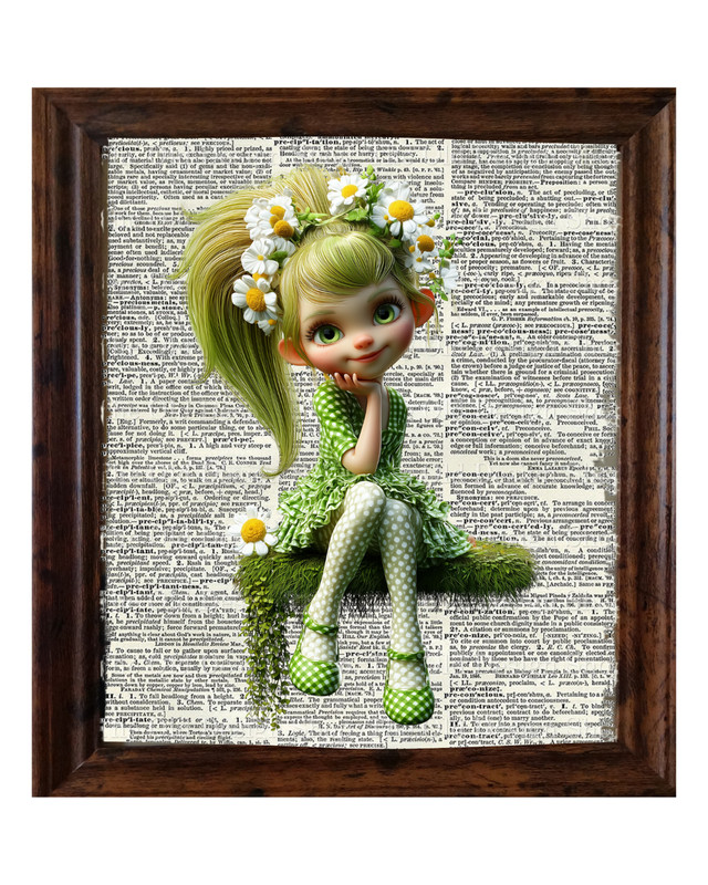 SIGNED FRAMED Green Little Girl Dictionary Page Art Print Gothic Wall Decor