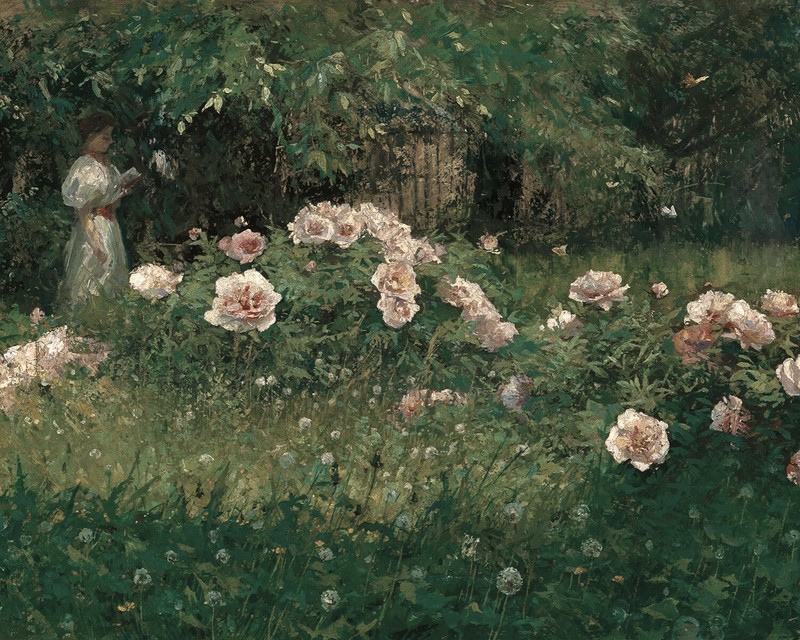 Vintage Rose Garden Landscape Painting Giclee Print on Fine Art Paper