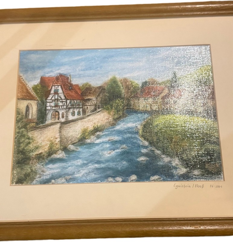 Framed European Village Print Eguisheim Alsace Landscape Art Cottage River Scene