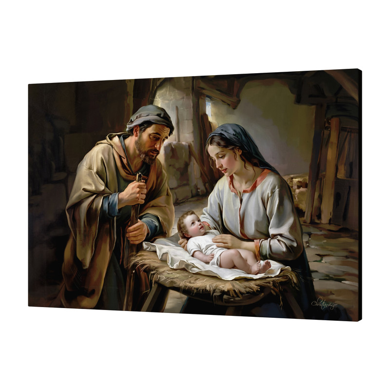 The Nativity scene of Baby Jesus, Mary and Joseph in a stable - Christian Art Ca gallery