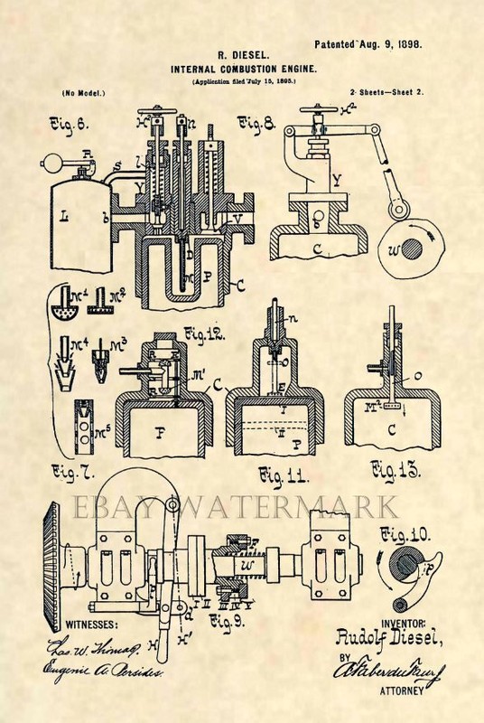 Original Diesel Engine US Patent Art Print – Vintage 1898 – Mechanic Antique 140