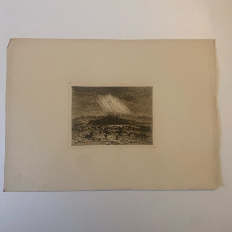 1881 J. A. Poulter “Pastoral” Antique English Etching – Shepherd Scene