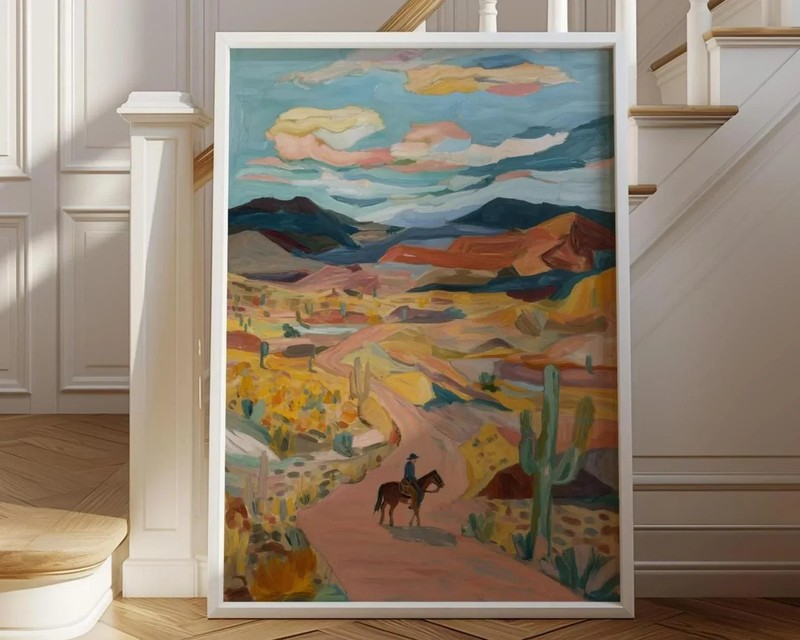 Desert Cowboy Southwest Landscape Wall Art | Western Horseback Decor