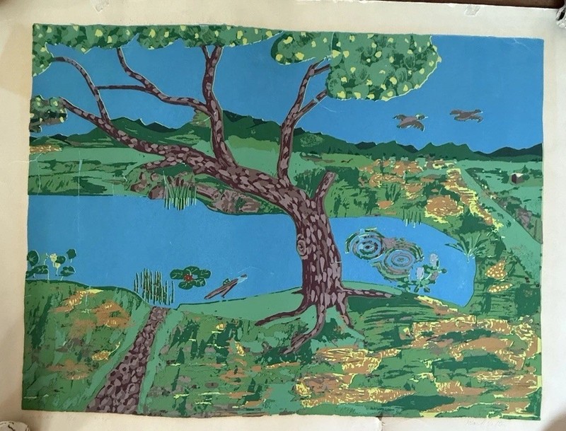 Vintage Painting Art Wood Block 1975 Kings River Ozarks AR 28 X 21 Mark Vetter