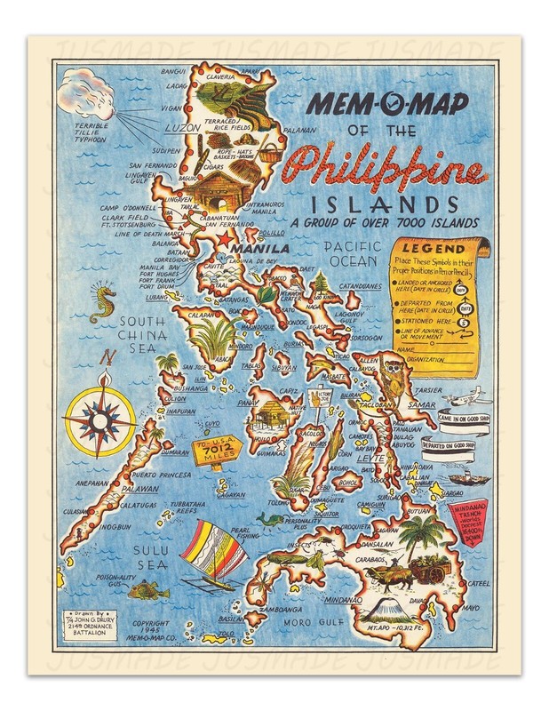 THE PHILIPPINES MEM-O-MAP Vintage Pictorial Map 1945 -Unframed- Print