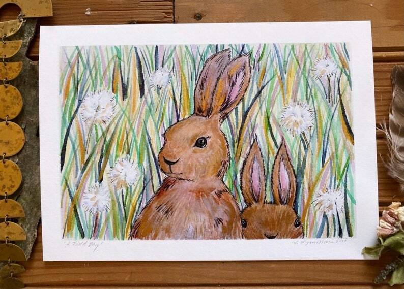 Nature Watercolor Bunny Rabbit Animal Painting Woodland Whimsical NEW