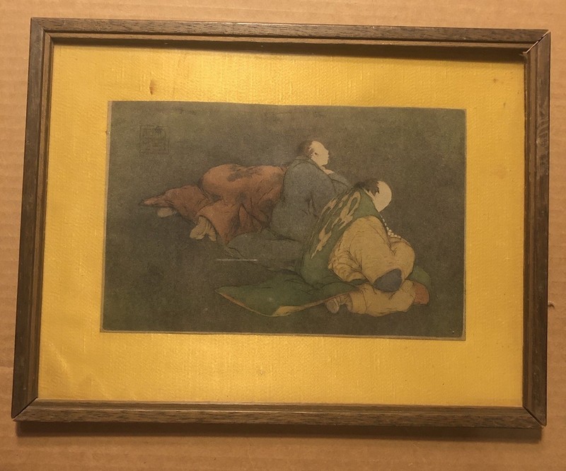 Vtg Elyse Ashe Lord Colored ETCHING Three Figures At Prayer FRAMED 13×10”