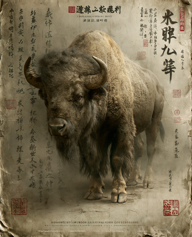 8×10 Bison on Sepia Calligraphy Scroll Art Print – 215207898