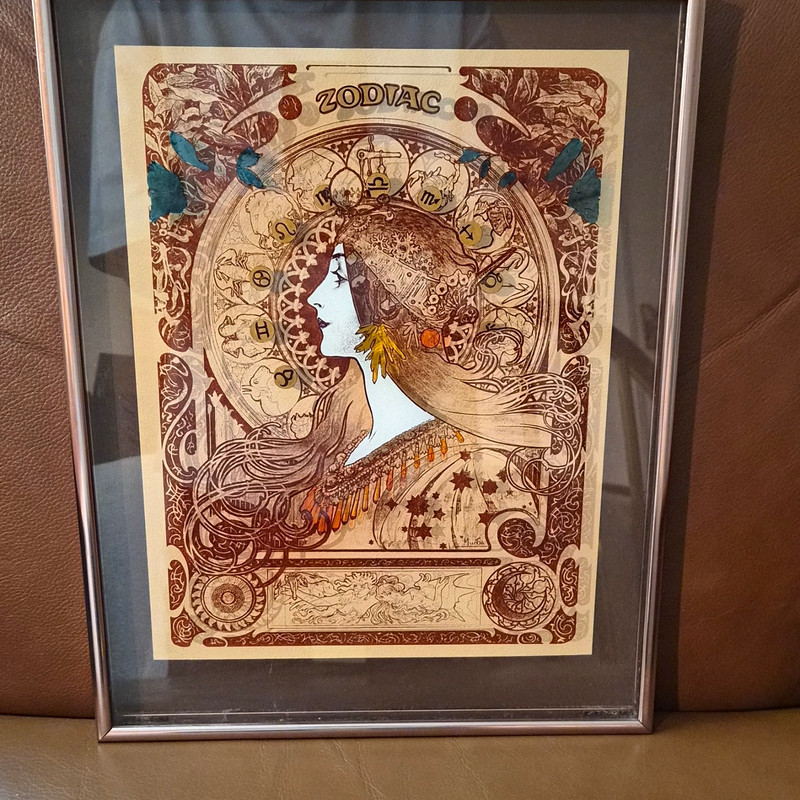 Vintage 1972 reverse printed glass shadowbox featuring the "Zodiac"