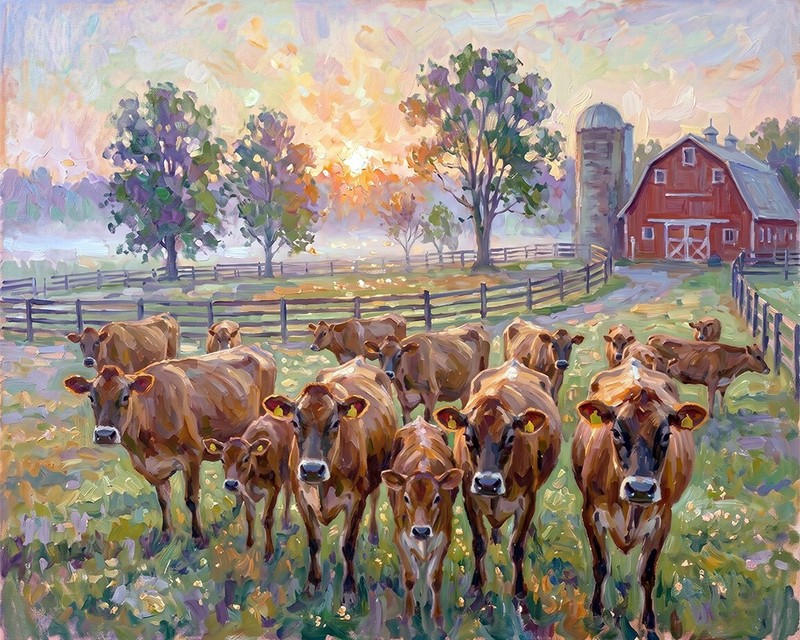Farm House Art Jersey Cows «Golden Hour» oil art print Free Shipping 0674