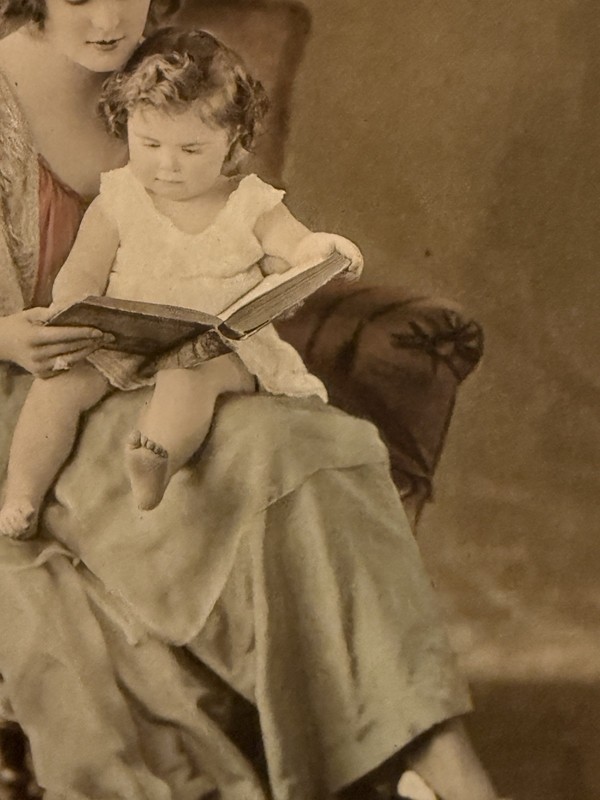 Vintage Litho Mother & Child Reading Book in Easy Chair Color Tinted 9" x 6 3/4" gallery