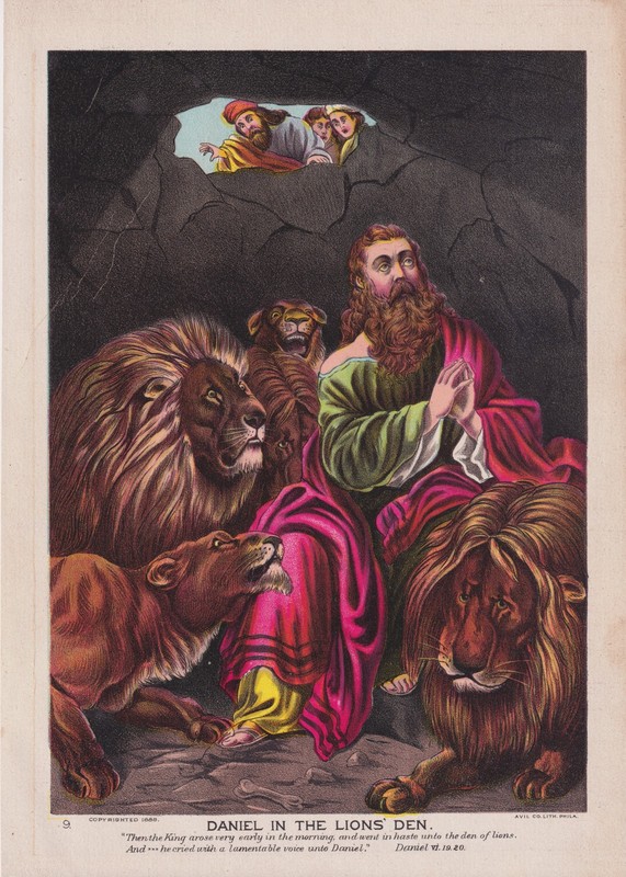 DANIEL IN LIONS DEN Religious Art Antique Print Chromolithograph 1888