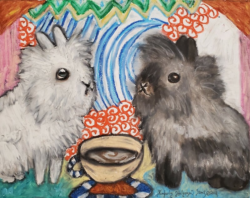 Lionhead Rabbit drinking Coffee 13 x 19 Farm Art Print Signed by Artist KSams
