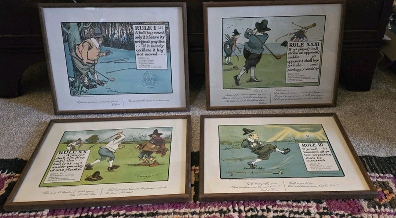 4 Charles Crombie Coloured, Comical Lithographs Golf Rules, Perrier ,Framed