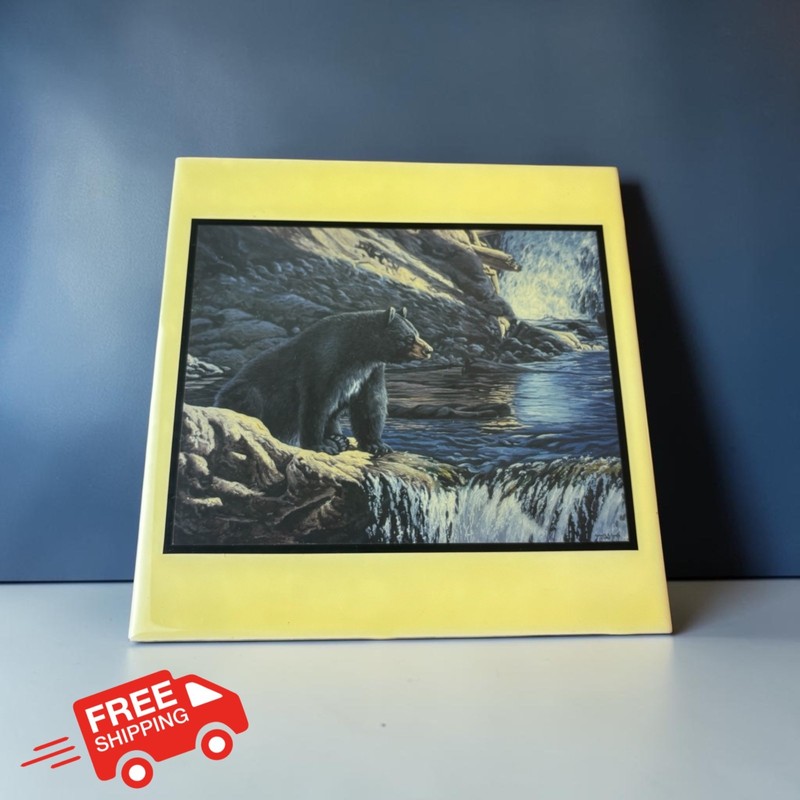 Vintage Kenneth A. Ferris Black Bear Waterfall Framed Art Print Cabin Lodge Deco