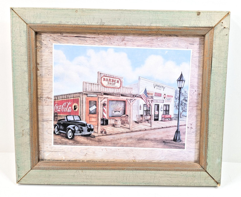 VIntage wall deco Old CountryTown Print Barber Shop Coca Cola Sign Variety Store