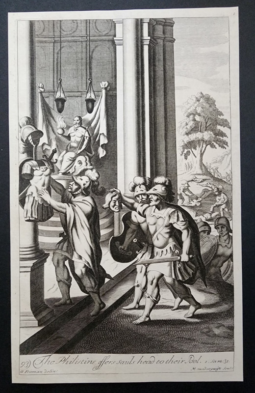 Antique 1690 Print – Philistines Offer Saul’s Head Bible Engraving – 1 Samuel 31