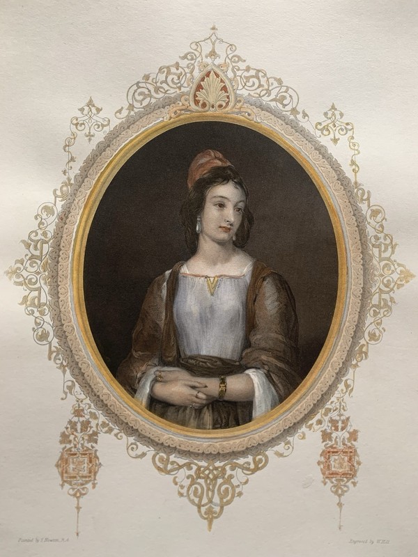 Antique Victorian Romantic Poetry Engraving The Grecian Maid Hand Coloured c1853