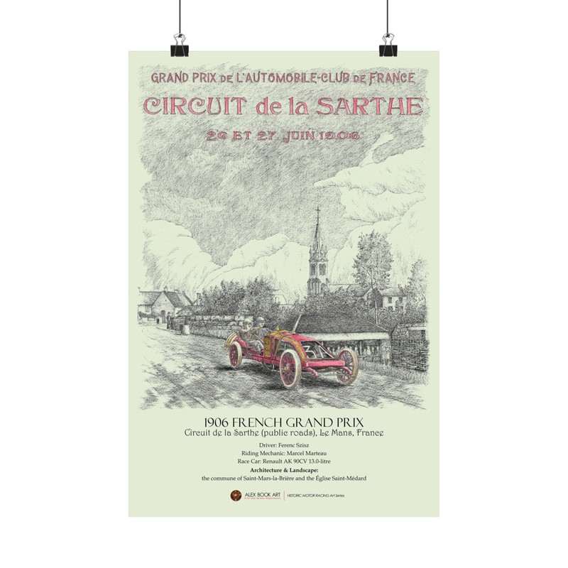 1906 French GP Fine Art Print – Ferenc Szisz Race Car Vintage Wall Art Poster