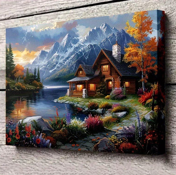 Thomas Kinkade Picture Mountain Retreat Canvas Print Copy W Wooden Frame 12x16in