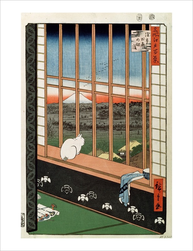 Hiroshige Asakusa Ricefields white cat fine art print wall art WITH BORDER