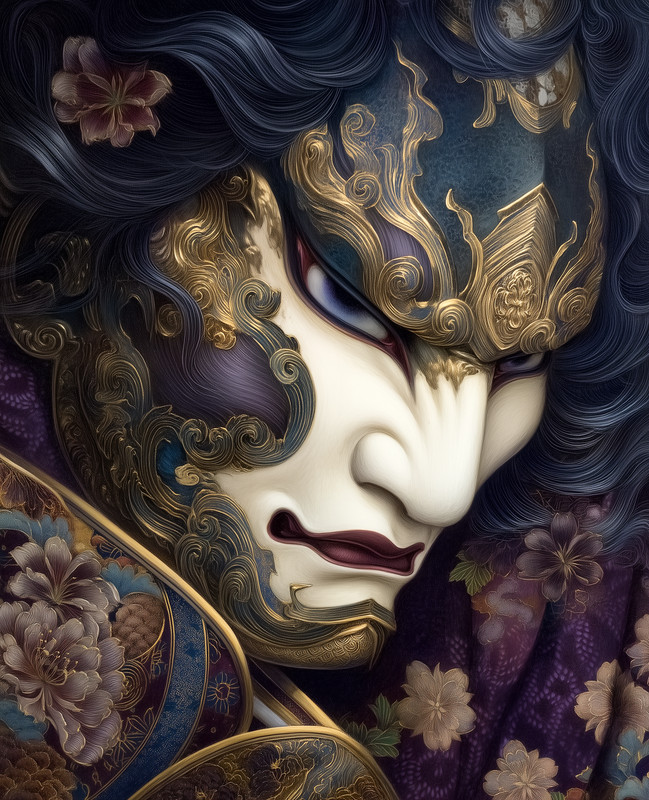 Japanese Kabuki Mask Face Gold Close Up Japanese Art Print – 848707554