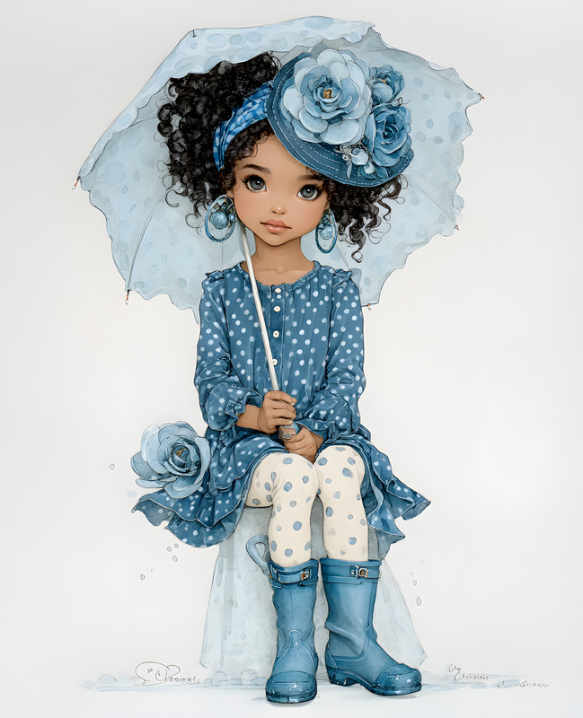8×10 Doll with Blue Umbrella and Polka Dots Art Print – 322729520