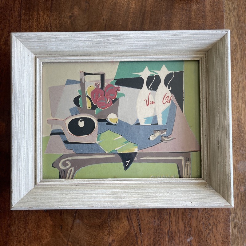 Vintage 50s/60s MCM Synthetic Cubist Still Life Table Top Print Signed CORDOBA