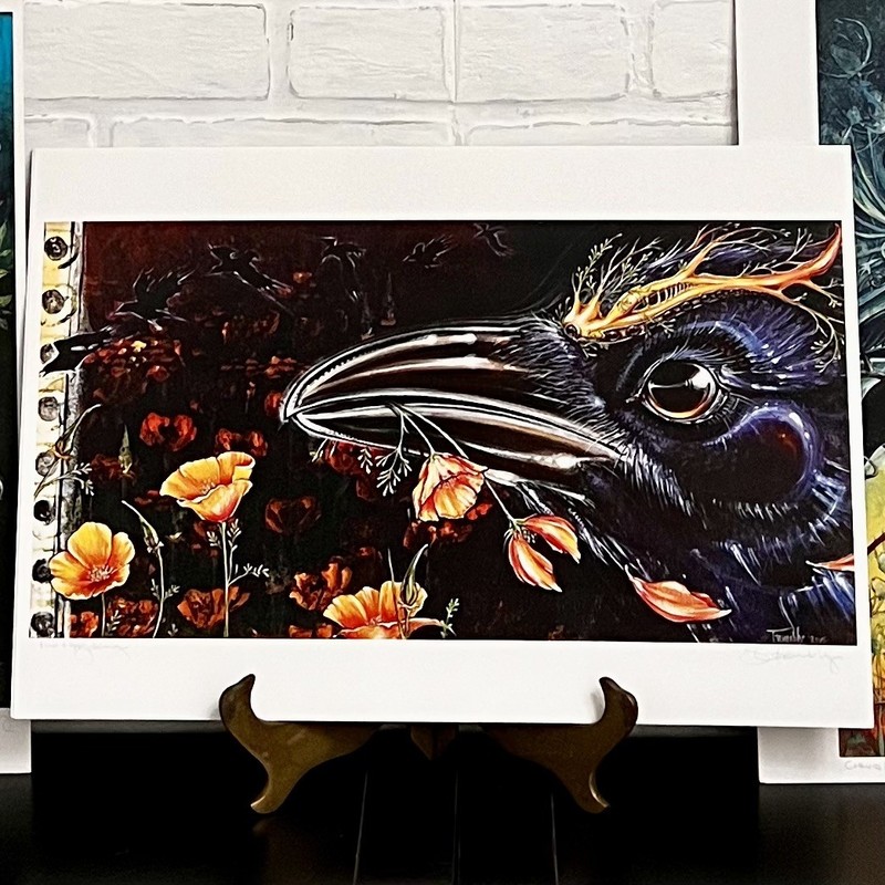 Signed Shanna Trumbley Corvid Raven Art Print Set 3pc Daydream Series Botanical gallery