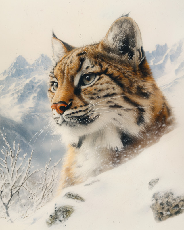 8×10 Bobcat portrait in snow – mountain winter scene – 329751644