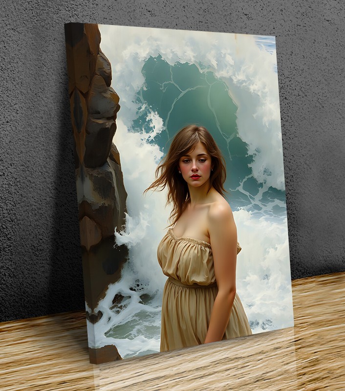 Lady and waves John William Waterhouse inspired mounted canvas print
