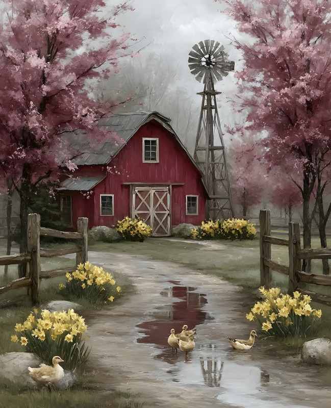 8×10 Farm with Red Barn and a Windmill Art Print – 135425801