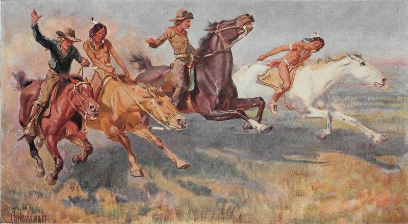 Charles A. Corwin, Cowboys Indians Horses Race 12×7 Sample Print VTG FREE SHIP