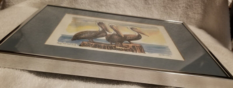 Vtg R E Kennedy Larry Moe Curley Art Print Pelicans in Brushed Aluminum Frame gallery