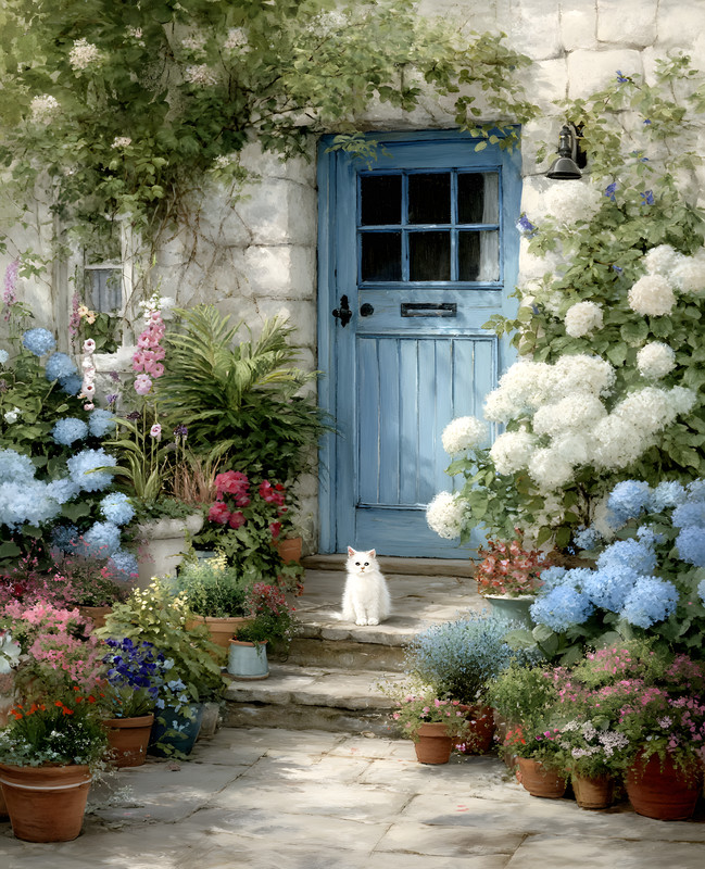 8x10 Cat Sitting in Garden by a Blue Door Art Print - 755738420