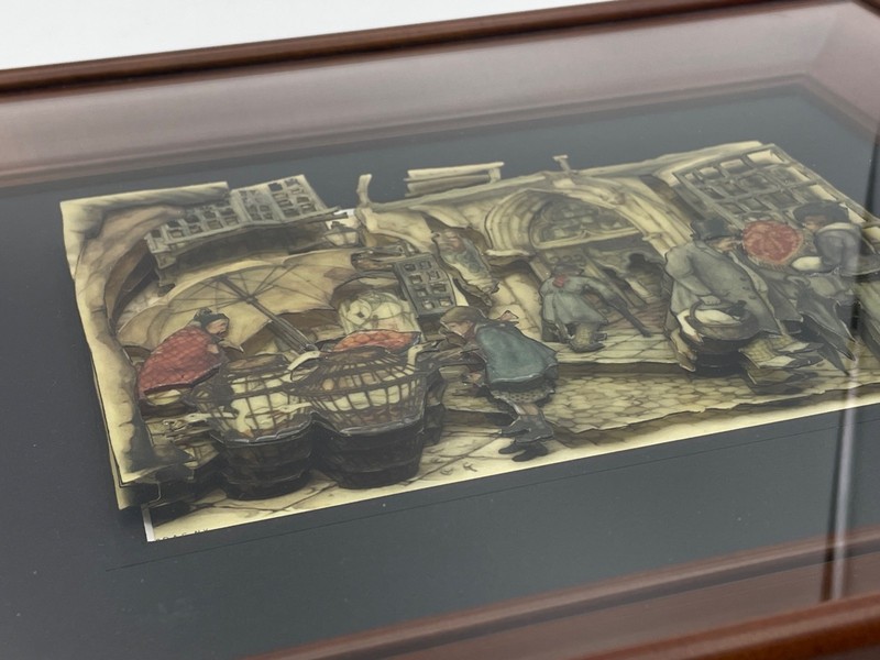 Vtg Anton Pieck 3D Art Hand Cut Paper Tole framed Picture vendor street scene gallery