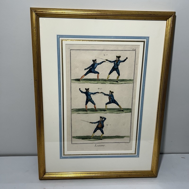 Antique Escrime Prevost Fecit Hand Colored Copper Plate Engraving Fencing Print