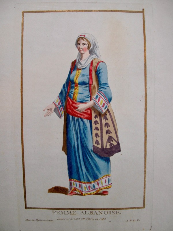 1787 PIERRE DUFLOS HAND-ILLUMINATED ENGRAVING w GOLD FEMME ALBANOISE FAUVEL 1782 gallery