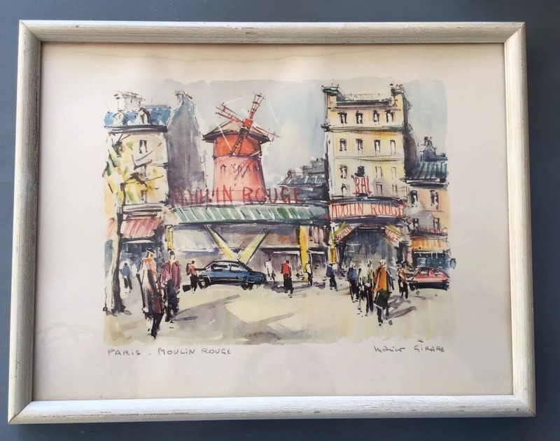 French Paris Moulin Rouge Watercolor Lithograph Print Signed M. Girard 13×10”