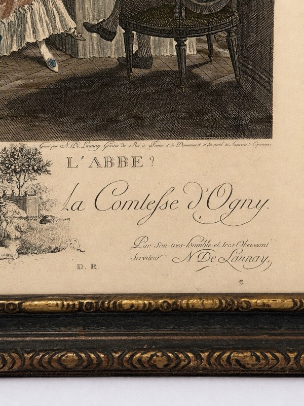 1788 de Launay Antique French Engraving Qu'en dit l'Abbé? Louis XVI Carved Frame gallery