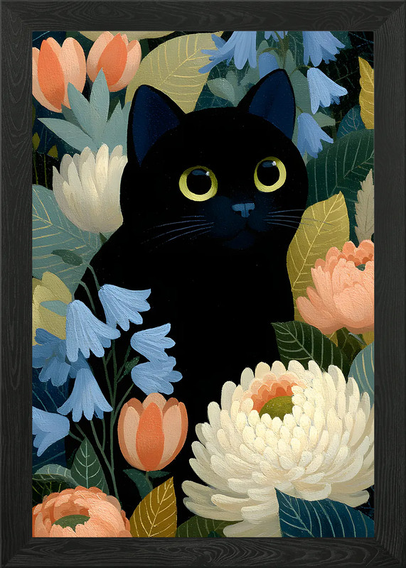 Black Cat Among Flowers Illustratio Framed Wall Art Poster Canvas Print Picture