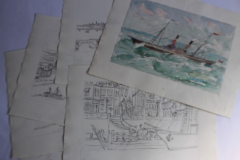 Large Original Watercolor Ink Drawings Steamboats (39467)