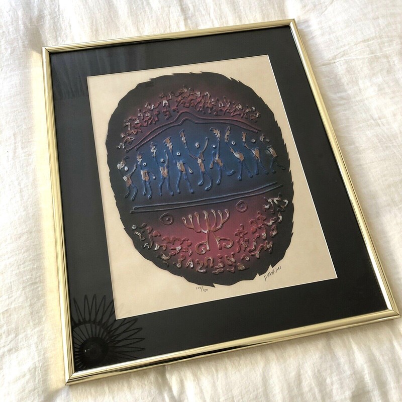 Vintage JEAN CLAUDE FARHI Mixed Media 100/150 ABSTRACT Jewish HEBREW Signed ART