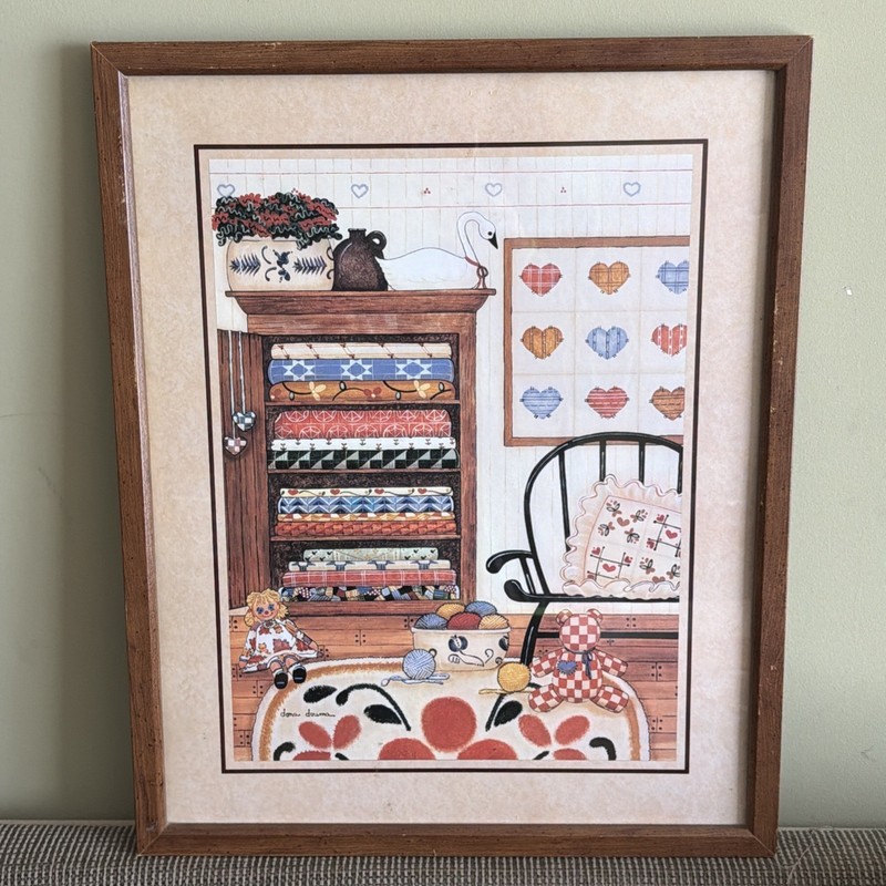 Dona Douma Framed Folk Art Print Quilts Goose Hearts Country Farmhouse 17x21 gallery