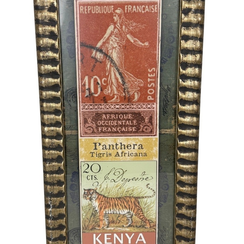 Vintage Tiger Stamp Collage Framed Art Safari Global World Travel Wall Decor
