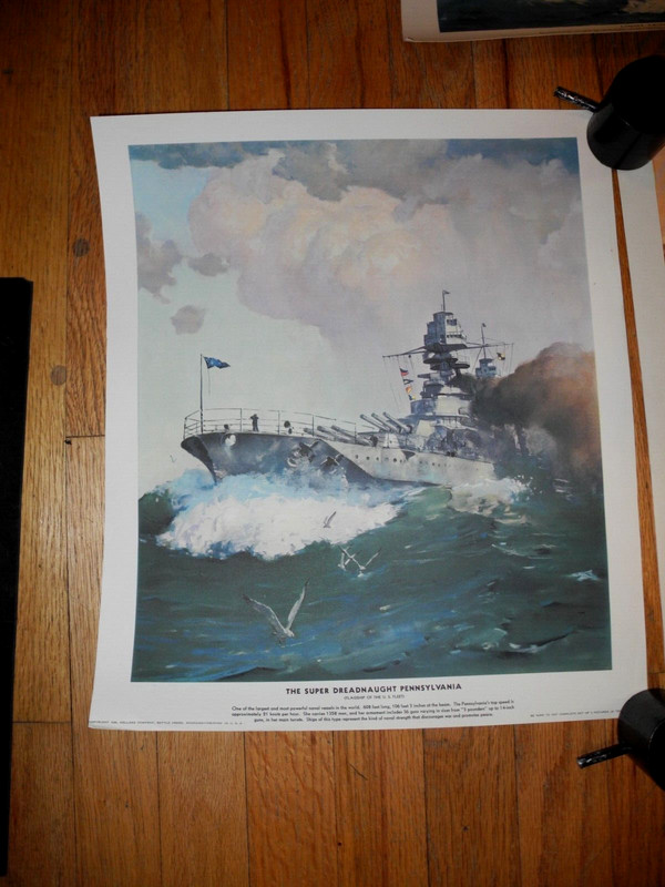 LOT OF 5,1938,PRE-WWII,COLOR PRINTS OF US NAVAL WAR SHIPS,BY "KELLOG",14X16 gallery